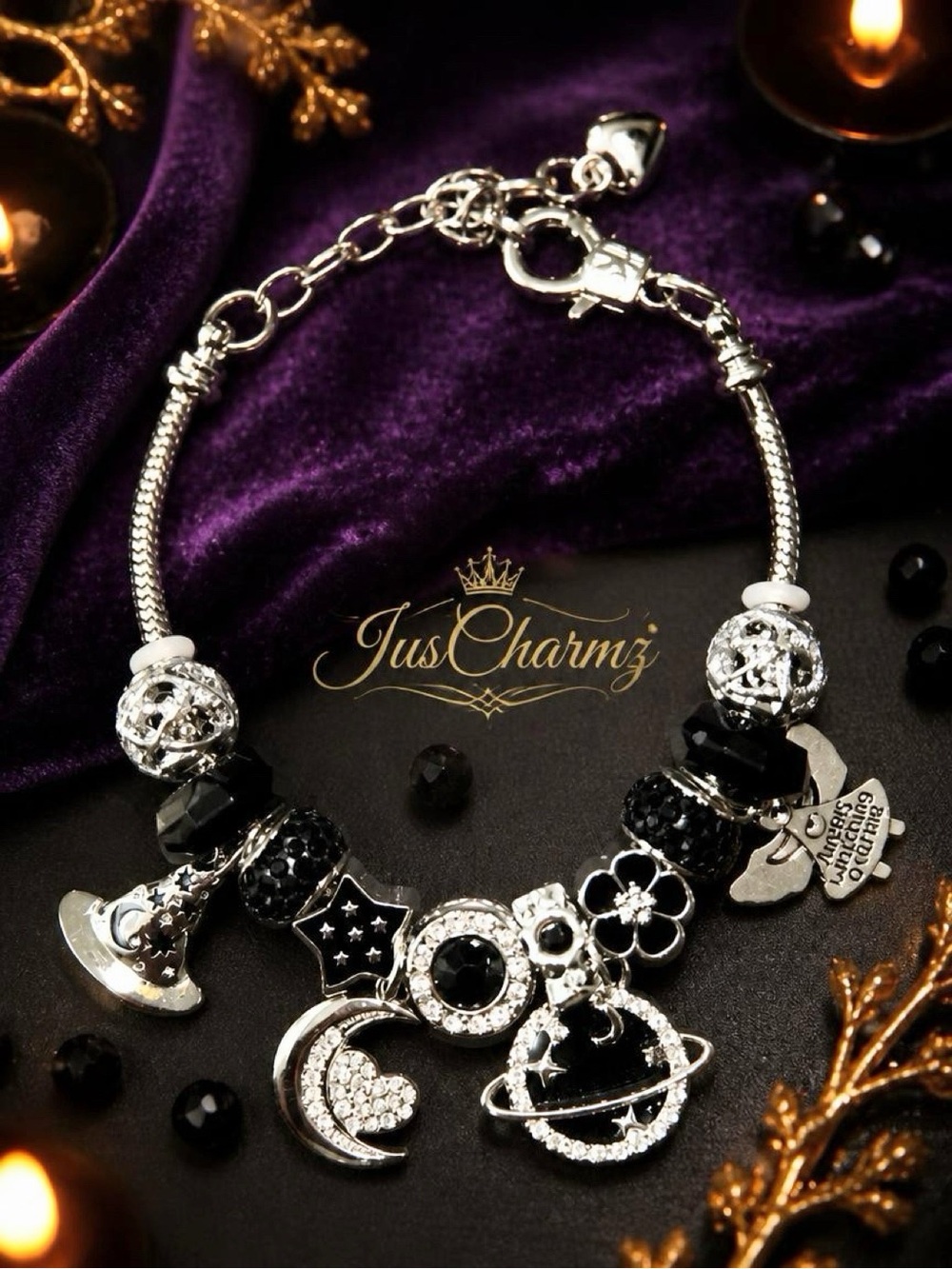 Silver & Black Charm Bracelet - Women Jewelry